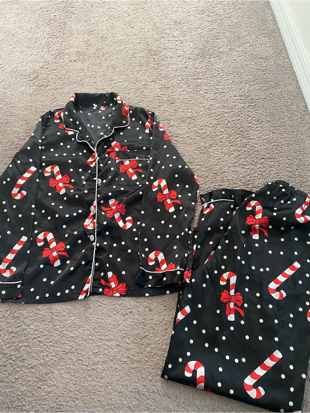 Woman’s Black Candy Cane Print Pajama Set